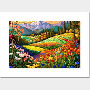 Stained Glass Colorful Mountain Meadow Posters and Art